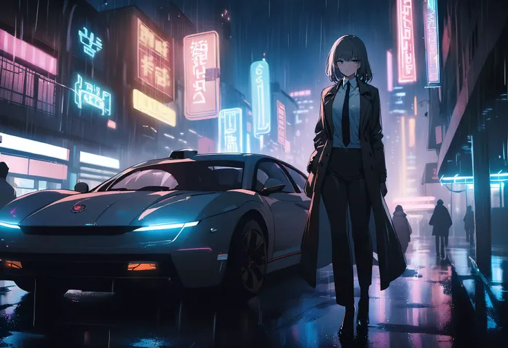 1girl, formal, pant suit, white shirt, necktie, trench coat, standing, car, cyberpunk, science fiction, blade runner style, night, rain, neon lights, building, cinematic, shallow depth of field, vignette, highly detailed, high budget, bokeh, cinemascope, moody, film grain, masterpiece, best quality, <lora:Blade Runner Style:1>