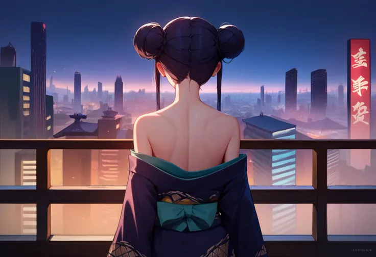 score_9, score_8_up, score_7_up, 1girl, ksak, black hair, double bun, low twintails,   kimono, off shoulder, shoulder blades, cityscape, night, from behind,    <lora:Kisaki 3-000007:1>