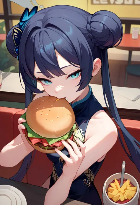 score_9, score_8_up, score_7_up, 1girl, ksak, black hair, double bun, low twintails, hair ornament, china dress, cafe, pov, eating burger, looking at viewer,    <lora:Kisaki 3-000007:1>