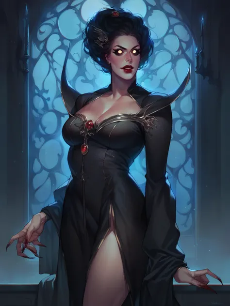 score_8_up, score_7_up, beautiful vampire queen girl standing in dark, black hair, no pupils, no sclera, red lips, ornate black dress, sharp fingernails, castle interior, indoors, moonlight, particles, night, dark scene, fantasy,<lora:sxz-othalam-smol-pdxl:0.8> othalam style