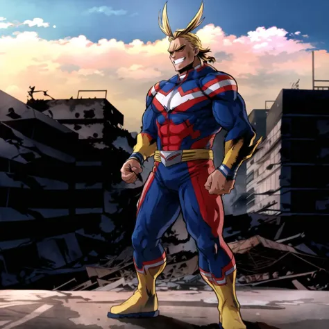 allmight, smile, antenna hair, (erection under clothes:1.2), (solo:1.8),