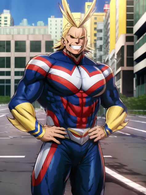 allmight, smile, antenna hair, (erection under clothes:1.2), (from below:1.2),