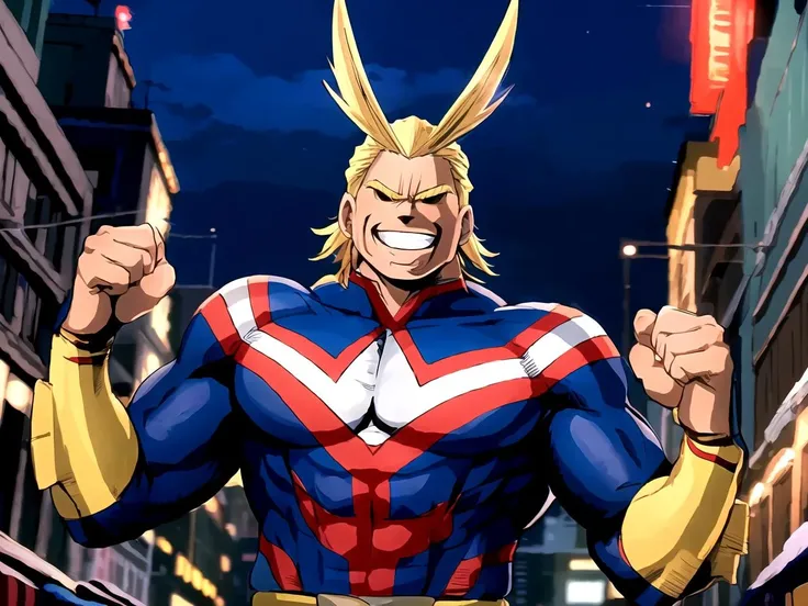 allmight, smile, antenna hair, (erection under clothes:1.2), (from below:1.2),
