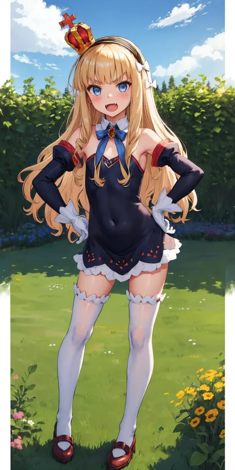 masterpiece, best quality, highres, 1girl, solo,
,blonde_hair,long_hair,blue_eyes,hairband,mini_crown,hair_bow,bangs,black_hairband,small_breasts,white_bow,very_long_hair,gloves,white_gloves,white_thighhighs,dress,fang,covered_navel,detached_sleeves,flat_chest,zettai_ryouiki,detached_collar,ribbon,, <lora:elizabeth:1>
blue flower, blue theme, blurry, blurry foreground, coral, depth of field, facing away, , flower, hydrangea, solo, standing, looking the viewer, from behind