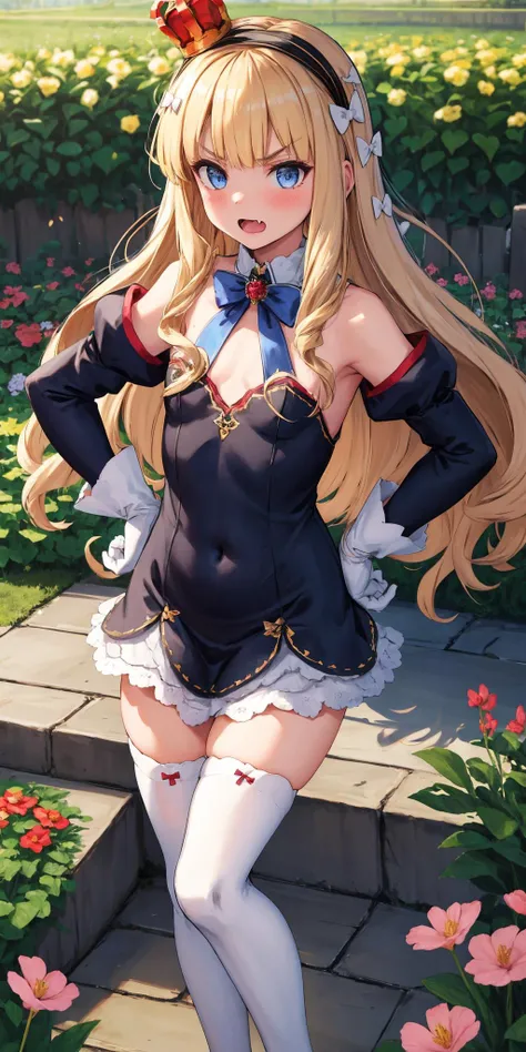 masterpiece, best quality, highres, 1girl, solo, 
,blonde_hair,long_hair,blue_eyes,hairband,mini_crown,hair_bow,bangs,black_hairband,small_breasts,white_bow,very_long_hair,gloves,white_gloves,white_thighhighs,dress,fang,covered_navel,detached_sleeves,flat_chest,v-shaped_eyebrows,zettai_ryouiki,detached_collar,ribbon,, <lora:elizabeth:1>
Hand on hips, garden, outdoor, garden, flower field, Buckingham palace