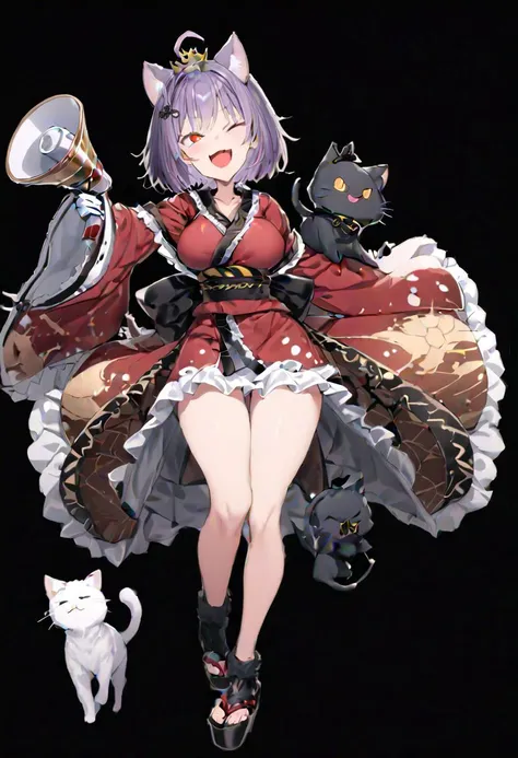 masterpiece, best quality, ultra-detailed, beautiful, nai3, 1girl, solo, full_body, tachi-e,
sukuna_shinmyoumaru, solo, 1girl, lace, smile, short_hair, breasts, red_eyes, long_sleeves, dress, frills, wide_sleeves, purple_hair, sash, japanese_clothes, ahoge, geta, sandals, obi, red_kimono, long_wide_sleeved_kimono, black_obi, frilled_kimono,
black_fur, cape, cat, closed_eyes, crown, full_body, gloves, mini_crown, open_mouth, red_cape, red_footwear, two-tone_fur, white_fur, white_gloves, doll, holding, holding_megaphone, megaphone, boots, shouting, whiskers, animal_ears, black_cat, pointing,