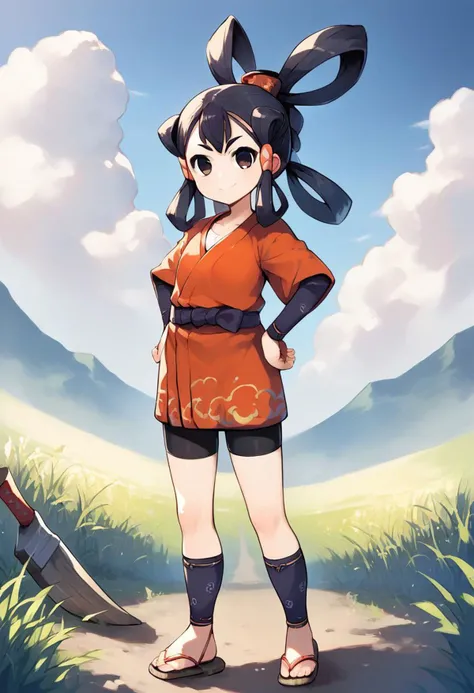 score_9, score_8_up, score_7_up, source_anime, 1girl, looking at viewer, smile, standing, hands on hips, <sakunaRR, kimono, hair rings, bike shorts, sandals, outdoors, field, sky, sukuna shinmyoumaru