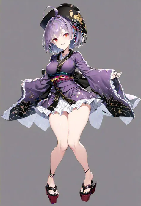 masterpiece, best quality, ultra-detailed, beautiful, nai3, 1girl, solo, full_body, tachi-e, 
sukuna_shinmyoumaru, solo, 1girl, lace, smile, short_hair, breasts, red_eyes, long_sleeves, dress, frills, wide_sleeves, purple_hair, sash, japanese_clothes, ahoge, geta, sandals, obi, kimono, long_wide_sleeved_kimono, black_obi, bowl, bowl_hat, frilled_kimono,