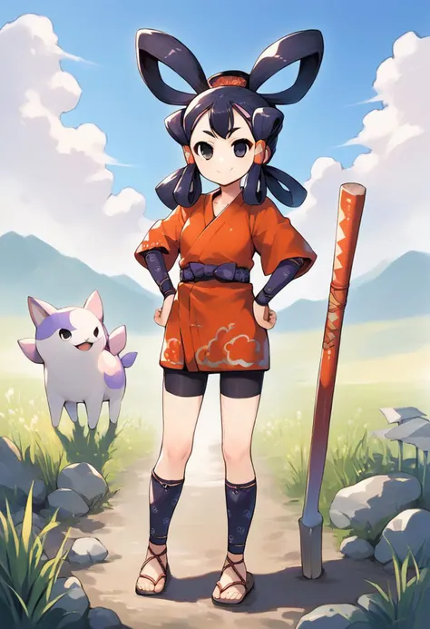 score_9, score_8_up, score_7_up, source_anime, 1girl, looking at viewer, smile, standing, hands on hips, <sakunaRR, kimono, hair rings, bike shorts, sandals, outdoors, field, sky, sukuna shinmyoumaru