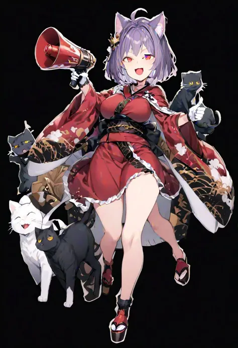 masterpiece, best quality, ultra-detailed, beautiful, nai3, 1girl, solo, full_body, tachi-e,
sukuna_shinmyoumaru, solo, 1girl, lace, smile, short_hair, breasts, red_eyes, long_sleeves, dress, frills, wide_sleeves, purple_hair, sash, japanese_clothes, ahoge, geta, sandals, obi, red_kimono, long_wide_sleeved_kimono, black_obi, frilled_kimono,
black_fur, cape, cat, closed_eyes, crown, full_body, gloves, mini_crown, open_mouth, red_cape, red_footwear, two-tone_fur, white_fur, white_gloves, doll, holding, holding_megaphone, megaphone, boots, shouting, whiskers, animal_ears, black_cat, pointing,