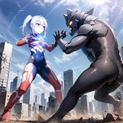 extremely detailed CG unreal engine 8k, best quality, 1girl, from side, solo, beautiful detailed 1 young girl, ((dynamic), detailed fingers, detailed hands, detailed face), all intricate, (Ultragirl:1.0), ultraman bodysuit, small breasts, full body, (angry face :1.2), twintail, fighting stance, Godzilla (attacking :1.2), (battle with monster, combat with monster, fighting), detailed (ruined buildings) behind, outside, (Rampage :1.0)
 <lora:Ultragirl-Lora12-Blue-000004:1> <lora:GTSv5:0.8>