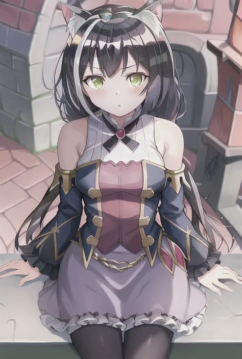 Masterpiece, best quality, highres, <lora:Karyl:1>, cat ears, black hair, castle background, green eyes, sitting on a bench