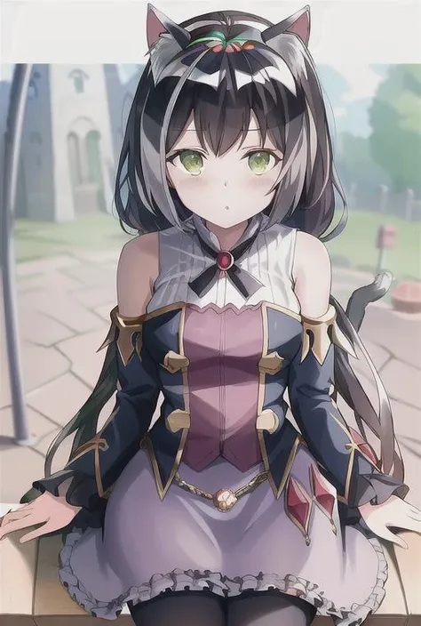 Masterpiece, best quality, highres, <lora:Karyl:1>, cat ears, black hair, castle background, green eyes, sitting on a bench