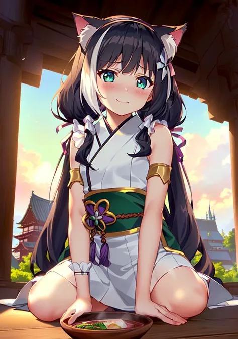 (witch suit), ((purple suit)),sleeveless_dress,((black hair)),(((anime fine details portrait of kyaru, a delicate girl from princess connect re dive,)),(extremely delicate and beautiful), best quality, official art, headpiece, global illumination, soft shadow, super detailed, realistic lighting, grand scene, 4k, complicated background, super detailed background, more detailed, rich detailed,light smile,(((blush))),cat ears, fluffy ears,extremely detailed cg unity 8k wallpaper,(focus-on:1.1),(1 girl),full body,castle,long (sliver) hair glows,green eyes,multicolored hair,twintails,(long hair ),bowl cut,{{{{black hair }}},white stripe on hair, streaked_hair,glowing hair,ribbon, green eyes, ferocious eyes, very brilliant eyes, beautiful detailed eyes, shiny eyes, gradient eyes, small breasts, full body,(forbidden eyes), tsundere, japanese illustration,castle background, anime, masterpiece, {full body}, extremely detailed cg unity 8k wallpaper, by baisi-shaonian
