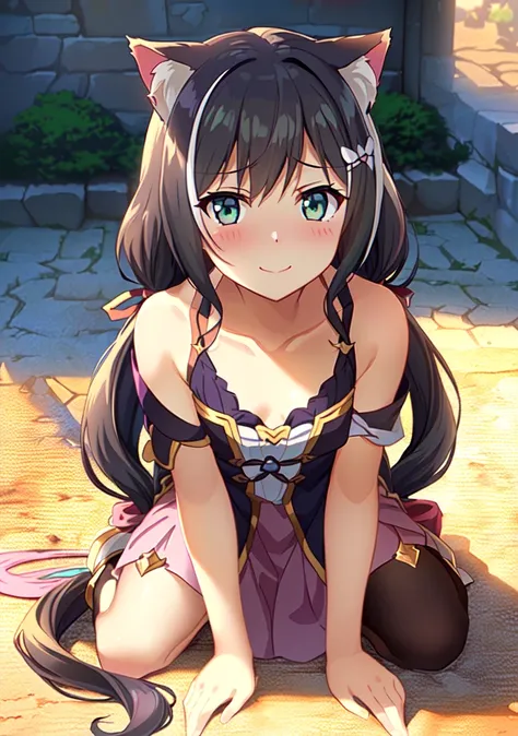 (witch suit), ((purple suit)),sleeveless_dress,((black hair)),(((anime fine details portrait of kyaru, a delicate girl from princess connect re dive,)),(extremely delicate and beautiful), best quality, official art, headpiece, global illumination, soft shadow, super detailed, realistic lighting, grand scene, 4k, complicated background, super detailed background, more detailed, rich detailed,light smile,(((blush))),cat ears, fluffy ears,extremely detailed cg unity 8k wallpaper,(focus-on:1.1),(1 girl),full body,castle,long (sliver) hair glows,green eyes,multicolored hair,twintails,(long hair ),bowl cut,{{{{black hair }}},white stripe on hair, streaked_hair,glowing hair,ribbon, green eyes, ferocious eyes, very brilliant eyes, beautiful detailed eyes, shiny eyes, gradient eyes, small breasts, full body,(forbidden eyes), tsundere, japanese illustration,castle background, anime, masterpiece, {full body}, extremely detailed cg unity 8k wallpaper, by baisi-shaonian