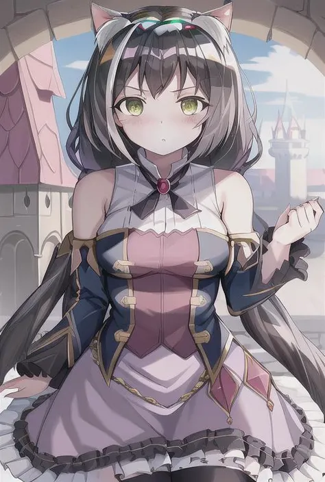 Masterpiece, best quality, highres,  <lora:Karyl:1>, cat ears, black hair, castle background, green eyes