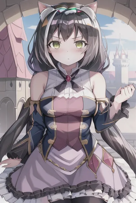 Masterpiece, best quality, highres,  <lora:Karyl:1>, cat ears, black hair, castle background, green eyes