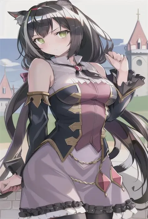 Masterpiece, best quality, highres, <lora:Karyl:1>, cat ears, black hair, castle background, green eyes