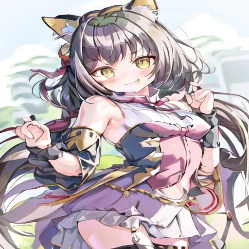 <lora:karyl:0.88>, cat ears, black hair, green eyes, <lora:izuna-v1-NAI-VAE-768px:0.94>, izuna, blue archive, 1girl, halo, yellow eyes, brown hair, animal ears, fox girl, fox tail, fox hair ornament, bangs, medium breasts, red eyeshadow, blue sailor collar, red neckerchief, partially fingerless gloves, ninja, floral print, fishnets, single thighhigh, white shirt, blue pleated skirt,