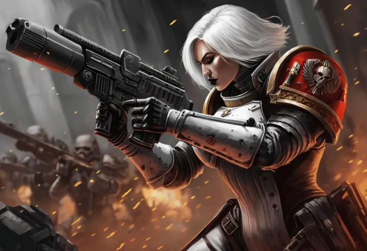 A digital painting of a beautiful (sister of battle of the Adepta Sororitas), short white hair, power armor, aiming a bolter, extremely detailed, action, complex background, gritty, grimdark,
detailed facial features