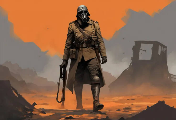 A digital painting of a (Death Korps of Krieg soldier). [gas mask], a steel helmet, and a long coat. He is carrying a (lasgun) and a shovel. He is standing in a barren, war-torn landscape. The sky is orange and the ground is covered in craters. There are no other people visible in the image. By Thibault Ollier.