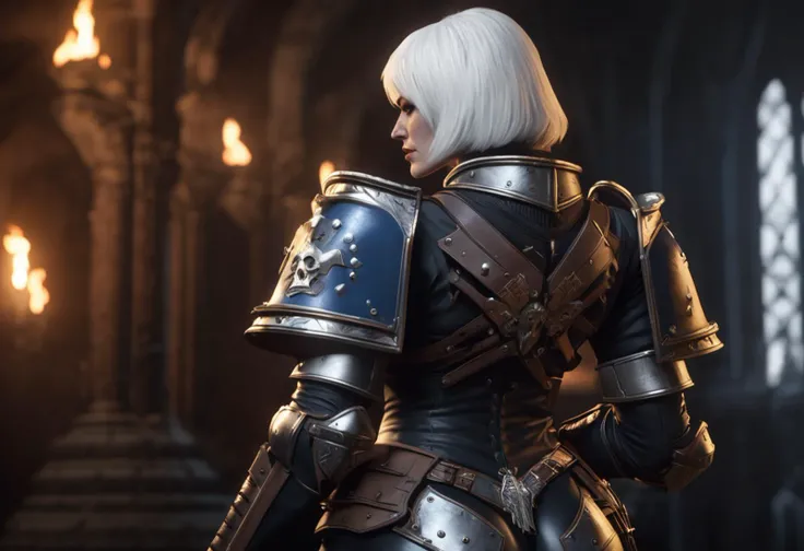 Highest Quality, 3D Render of a Sister of Battle from the Adepta Sororitas, from behind, looking back, short white hair, pale skin, blue eyes, beautiful face, scar, power armor, (big round ass), extremely detailed, complex background, dynamic composition, complex lighting, Unreal Engine, UE5, Ray Tracing, global illumination, atmospheric, realistic, gritty, highly detailed, captivating, ass focus, detailed textures, epic, visually stunning, physically based rendering