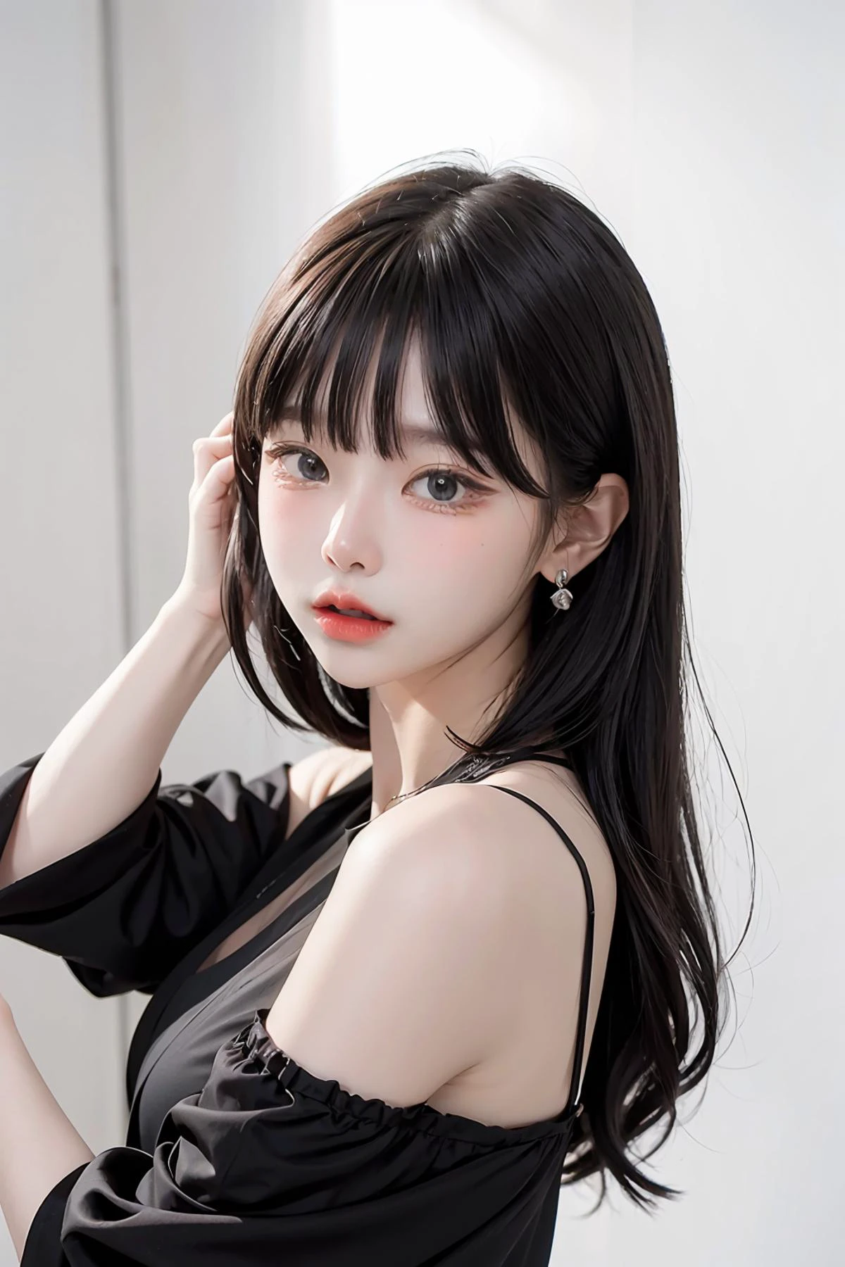 1girl,hair with bangs,black long dress,white background, <lora:pang3pong-04:1>