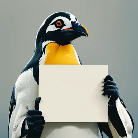 <lora:20240127-1706331510088:0.7> holding up a blank white sign, a penguin