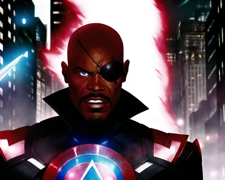 from avengers <lora:avengers_offset:1>, a portrait of Nick Fury in New York city, dark skin, eyepatch, professional, (Extremely Detailed:1.2), glow effects, godrays, intricate details, sharp focus, dramatic, sharp contrast