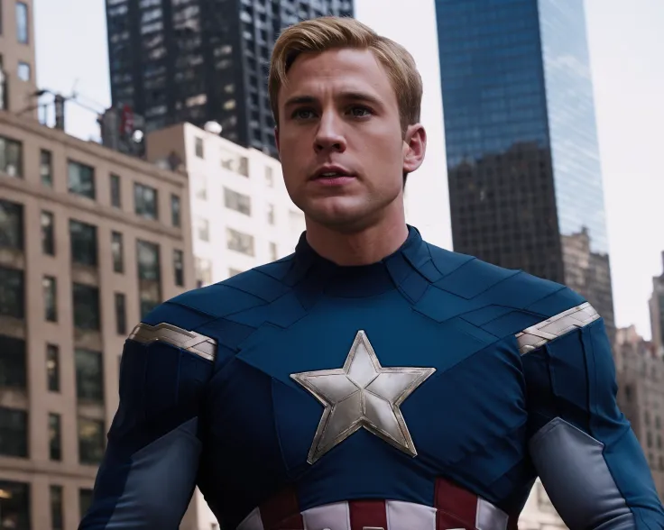 from avengers <lora:avengers_offset:1>, realistic, a portrait photo of Captain America in New York city, handsome, blonde hair, professional, (Extremely Detailed:1.2), glow effects, godrays, intricate details, sharp focus, dramatic, photorealistic,sharp contrast