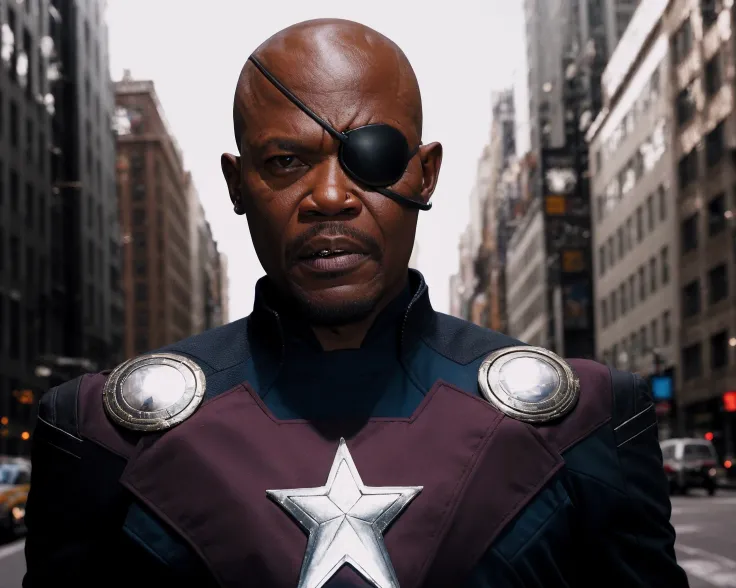 from avengers <lora:avengers_offset:1>, realistic, a portrait photo of Nick Fury in New York city, dark skin, eyepatch, professional, (Extremely Detailed:1.2), glow effects, godrays, intricate details, sharp focus, dramatic, photorealistic,sharp contrast