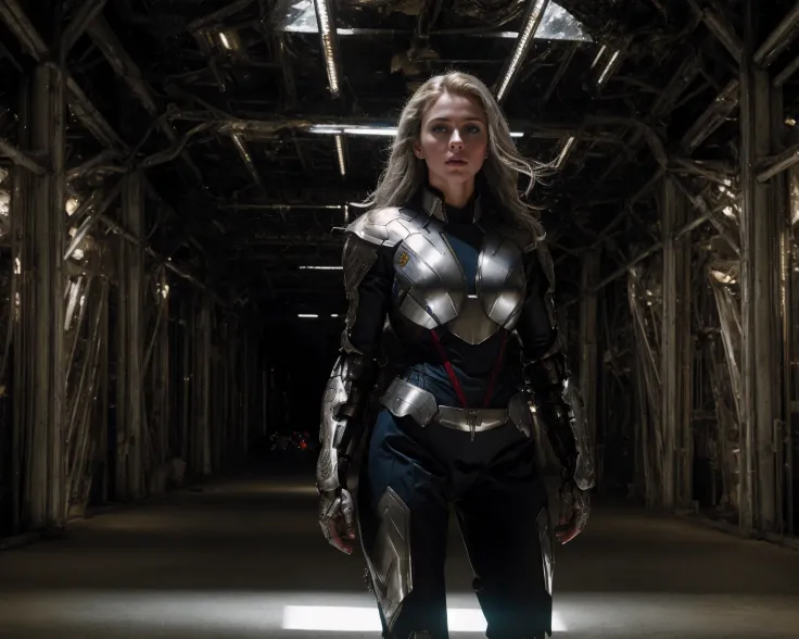 from avengers <lora:avengers_offset:1>, (RAW photo, 4k, masterpiece, high res, extremely intricate) (photorealistic:1.4), cinematic lighting 1girl, solo focus, summer noon, hot, 1990s \(style\),cowboy shot,indoors,the upper part of the body, masterpiece, best quality, masterpiece,best quality,official art,extremely detailed CG unity 8k wallpaper, beautiful detailed eyes, artbook, photo, real, realistic, futuristic knight, (silver, long hair), mecha girl, mechanical parts, space station, Expressive Hues, Vibrant Palette,B lack and white clothes, <lora:more_details:0.2> <lora:mecha_offset:1>