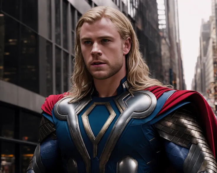 from avengers <lora:avengers_offset:1>, realistic, a portrait photo of Thor in New York city, handsome, long blonde hair, metallic armor, red cape, professional, (Extremely Detailed:1.2), glow effects, godrays, intricate details, sharp focus, dramatic, photorealistic,sharp contrast
