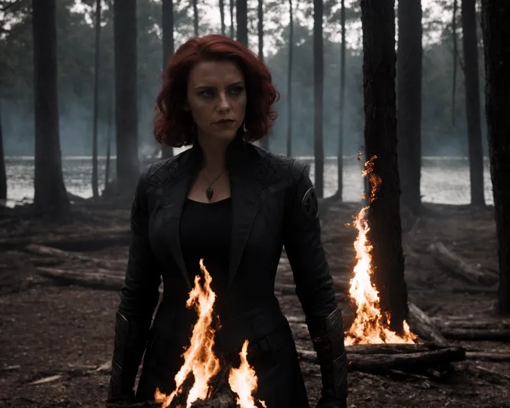 from avengers <lora:avengers_offset:1>, realistic, a portrait photo of a gothic woman in a black lake, beautiful woman, dark red hair, unsettling horror, professional, (Extremely Detailed:1.2), glow effects, godrays, intricate details, sharp focus, dramatic, photorealistic, tribal village, wooden village, burning forest background, sharp contrast, many colours, serious face, smirking,