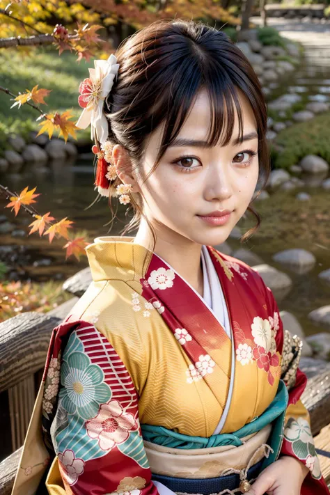 (realistic:1.3), finely detailed, quality, rembrandt lighting, (masterpiece:1.2), (photorealistic:1.2), (best quality), (detailed skin:1.3), (intricate details), dramatic, ray tracing, 1girl, japanese girl, 21 years old, detailed skin texture, (blush:0.5), (goosebumps:0.5), subsurface scattering, smiling, medium breasts, updo hair, bangs, hair between eyes, hair ornaments, kimono, floral print, obi, edgJF_clothing, wearing edgJF_kimono, (close portrait shot, bilaterally symmetrical:1.2), (bright sunny day, autumn setting, autumn trees and leaves), <lora:edgJapaneseFall:1>