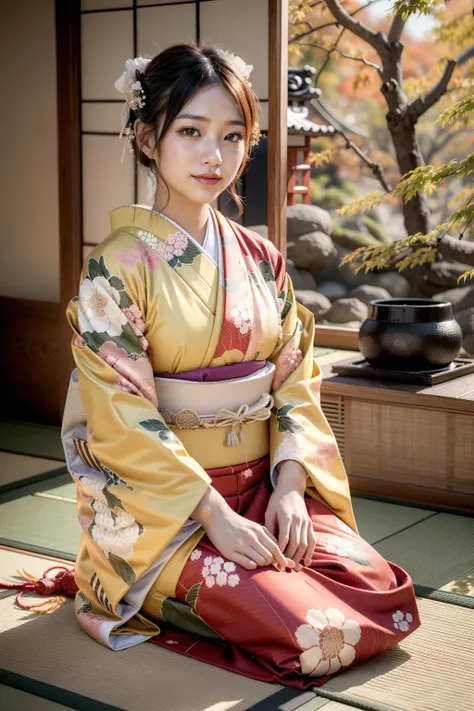 kimono with chrysanthemum pattern,Smile,{{Best Quality}}, {{super detailed}},One girl,Downturned eyes,G Cup Breasts,drooping eyes ,Cute girl with black bob cut hairstyle and white marble glowing skin,,Cute Girl,Oval face shape ,slender,The whole body got wet,Hair got wet,bloodshot eyes,a sultry,Detailed portrait of the perfect lovely girl, slim, Face , Futuristic , Teen, kwak ji young, Dreamy, Black eyes, Cinematic lighting, Innocent, Highly detailed, Sharp Focus, Smooth, art stations, Convoluted,Ballet dancer ,awardwinning, Pure aura, Anime, Highly detailed CG Unity 8k wallpaper of girl with perfect symmetrical confident face with black mid-cut hairstyle and blushing cheeks , taken by Canon EOS, Sigma Art Lens 28mm f4, ISO 200 Shutter Speed 2000