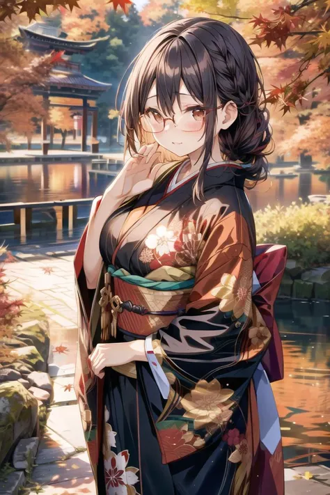 <lora:add_brightness:0><lora:add_detail:0.5>1 woman, large breast, embarrassed ,blush, forehead, black hair, glasses, braid,
<lora:edgJapaneseFall:0.9> EDGJF_CLOTHING,WEARING EDGJF_KIMONO,AUTUMN SETTING,AUTUMN TREES AND LEAVE,
lake,
dark night,