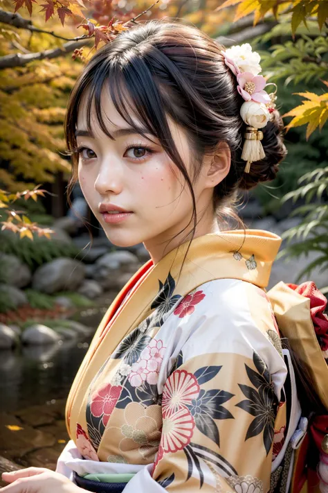 (realistic:1.3), finely detailed, quality, rembrandt lighting, (masterpiece:1.2), (photorealistic:1.2), (best quality), (detailed skin:1.3), (intricate details), dramatic, ray tracing, 1girl, japanese girl, 21 years old, detailed skin texture, (blush:0.5), (goosebumps:0.5), subsurface scattering, smiling, medium breasts, updo hair, bangs, hair between eyes, hair ornaments, kimono, floral print, obi, edgJF_clothing, wearing edgJF_kimono, (close portrait shot:1.2), (bright sunny day, autumn setting, autumn trees and leaves), <lora:edgJapaneseFall:1>