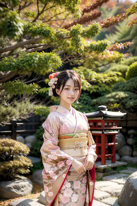 (realistic:1.3), finely detailed, quality, rembrandt lighting, (masterpiece:1.2), (photorealistic:1.2), (best quality), (detailed skin:1.3), (intricate details), dramatic, ray tracing, 1girl, japanese girl, 21 years old, detailed skin texture, (blush:0.5), (goosebumps:0.5), subsurface scattering, smiling, medium breasts, updo hair, bangs, hair between eyes, hair ornaments, kimono, floral print, obi, edgJF_clothing, wearing edgJF_kimono, seiza (bright sunny day, autumn setting, autumn trees and leaves, (zen garden:1.2)), <lora:edgJapaneseFall:1>