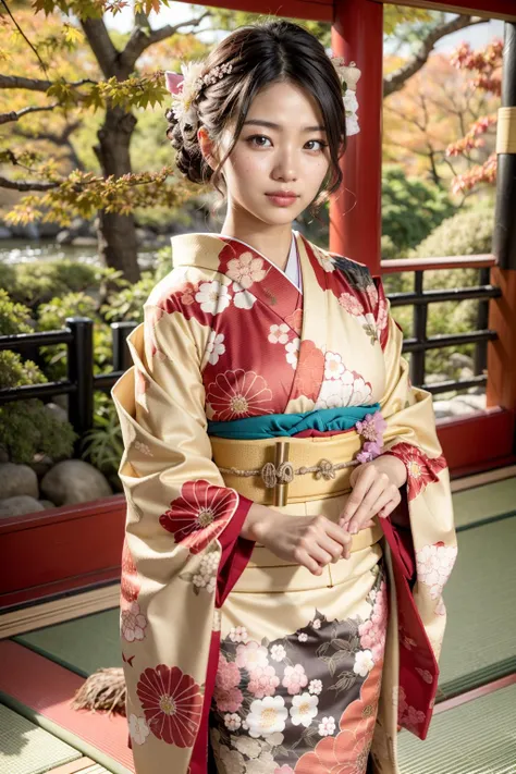 (realistic:1.3), finely detailed, quality, rembrandt lighting, (masterpiece:1.2), (photorealistic:1.2), (best quality), (detailed skin:1.3), (intricate details), dramatic, ray tracing, 1girl, japanese girl, 21 years old, detailed skin texture, (blush:0.5), (goosebumps:0.5), subsurface scattering, smiling, medium breasts, updo hair, bangs, hair between eyes, hair ornaments, kimono, floral print, obi, edgJF_clothing, wearing edgJF_kimono, seiza (bright sunny day, river, autumn setting, autumn trees and leaves, tatami, window,), <lora:edgJapaneseFall:1>