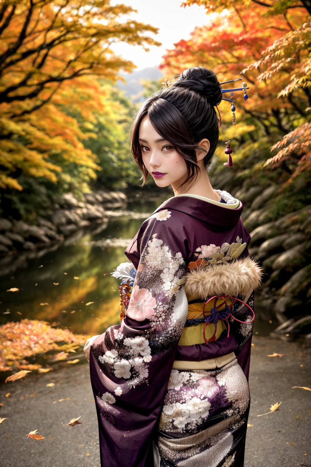 (masterpiece), (best quality), HDR, intricate detail, (<lora:lulu_ff10:0.8> lulu_ff10, red eyes, jewelry, mole, purple lipstick, hair bun, fur trim), (<lora:edgJapaneseFall:0.8> edgJF_clothing, wearing edgJF_kimono, autumn setting, autumn trees and leaves), posing, from behind, looking at viewer, inside shady motel, sunset, evening, bokeh, depth of field, UHD, 8k wallpaper <lora:add_detail:0.5>