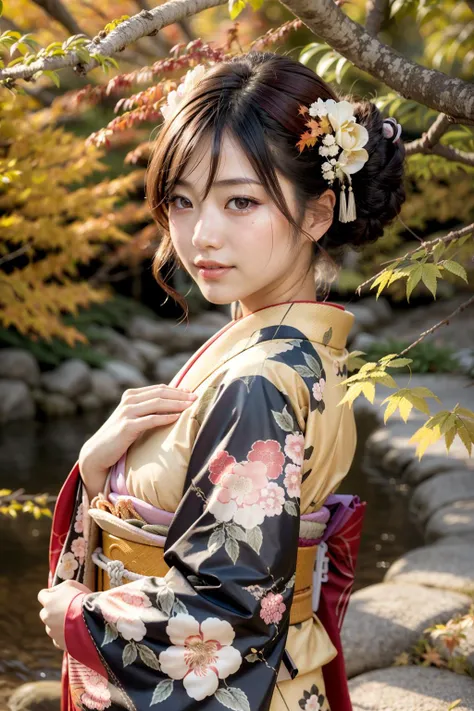 (realistic:1.3), finely detailed, quality, rembrandt lighting, (masterpiece:1.2), (photorealistic:1.2), (best quality), (detailed skin:1.3), (intricate details), dramatic, ray tracing, 1girl, japanese girl, 21 years old, detailed skin texture, (blush:0.5), (goosebumps:0.5), subsurface scattering, smiling, medium breasts, updo hair, bangs, hair between eyes, hair ornaments, kimono, floral print, obi, edgJF_clothing, wearing edgJF_kimono, (close portrait shot:1.2), (bright sunny day, autumn setting, autumn trees and leaves), <lora:edgJapaneseFall:1>