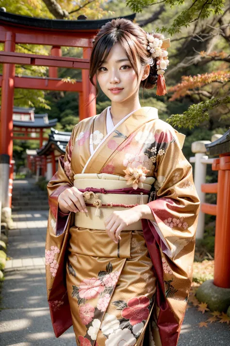(realistic:1.3), finely detailed, quality, rembrandt lighting, (masterpiece:1.2), (photorealistic:1.2), (best quality), (detailed skin:1.3), (intricate details), dramatic, ray tracing, 1girl, japanese girl, 21 years old, detailed skin texture, (blush:0.5), (goosebumps:0.5), subsurface scattering, smiling, medium breasts, updo hair, bangs, hair between eyes, hair ornaments, kimono, floral print, obi, edgJF_clothing, wearing edgJF_kimono, (bright sunny day, autumn setting, autumn trees and leaves, many torii gates, torii gate tunnel), <lora:edgJapaneseFall:1>