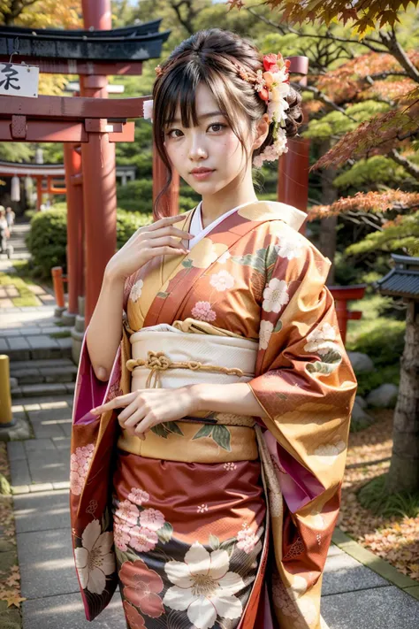 (realistic:1.3), finely detailed, quality, rembrandt lighting, (masterpiece:1.2), (photorealistic:1.2), (best quality), (detailed skin:1.3), (intricate details), dramatic, ray tracing, 1girl, japanese girl, 21 years old, detailed skin texture, (blush:0.5), (goosebumps:0.5), subsurface scattering, smiling, medium breasts, updo hair, bangs, hair between eyes, hair ornaments, kimono, floral print, obi, edgJF_clothing, wearing edgJF_kimono, (bright sunny day, autumn setting, autumn trees and leaves, many torii gates, torii gate tunnel), <lora:edgJapaneseFall:1>