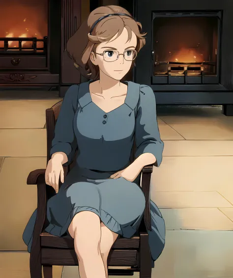 irma_gobb, glasses, looking to viewers, sitting down on chair, blue dress, fireplace, living room <lora:Irma_Gobb-10:0.85>  <lora:ghibli_style_offset:1>
