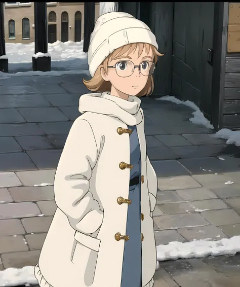 irma_gobb, glasses, looking to viewers, standing up, street, town, winter, snow, white jacket, white dress, white beanie <lora:Irma_Gobb-10:0.85> <lora:ghibli_style_offset:1>