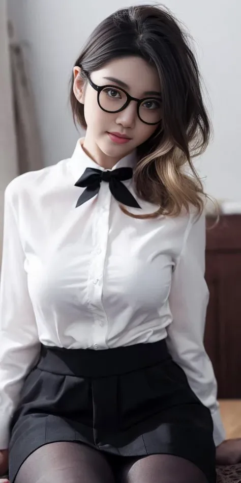 (RAW photo, best quality), (realistic, photo-realistic:1.3), masterpiece, an extremely delicate and beautiful, extremely detailed, CG, unity, 8k, amazing, finely detail, ultra-detailed, highres, absurdres, soft light, (black hair, short hair, curly hair, messy hair, bangs), beautiful detailed girl, detailed fingers, extremely detailed eyes and face, beautiful detailed nose, beautiful detailed eyes, (closed mouth:1.2), (light on face), looking at viewer, 1girl, cute, young, mature face, pale skin, (half body:1.3, sitting), (medium breasts), realistic face, realistic body, beautiful detailed thigh, (white shirt, collared shirt, (black miniskirt:1.2), pantyhose, detached sleeves, bowtie), (semi smile:1.3), (aegyo sal:1), (kpop idol:1), relaxed, <lora:lanlan plus_20230603193859:0.8>