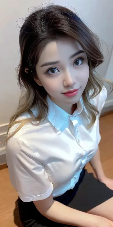 (RAW photo, best quality), (realistic, photo-realistic:1.3), masterpiece, an extremely delicate and beautiful, extremely detailed, CG, unity, 8k, amazing, finely detail, ultra-detailed, highres, absurdres, soft light, (black hair, short hair, curly hair, messy hair, bangs), beautiful detailed girl, detailed fingers, extremely detailed eyes and face, beautiful detailed nose, beautiful detailed eyes, (closed mouth:1.2), (light on face), looking at viewer, 1girl, cute, young, mature face, pale skin, (half body:1.3, sitting), (medium breasts), realistic face, realistic body, beautiful detailed thigh, (white shirt, collared shirt, (black miniskirt:1.2), pantyhose, detached sleeves, bowtie), (semi smile:1.3), (aegyo sal:1), (kpop idol:1), relaxed, <lora:lanlan plus_20230603193859:0.8>