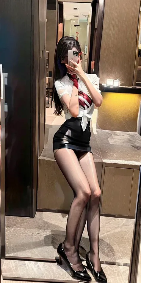 (RAW photo, best quality), (realistic, photo-realistic:1.3), masterpiece, an extremely delicate and beautiful, extremely detailed, CG, unity, 8k, amazing, finely detail, ultra-detailed, highres, absurdres, soft light, (black hair, short hair, curly hair, messy hair, bangs), beautiful detailed girl, detailed fingers, extremely detailed eyes and face, beautiful detailed nose, beautiful detailed eyes, (light on face), looking at viewer, (closed mouth:1.2), 1girl, cute, young, mature face, pale skin, (half body:1.3, sitting), (medium breasts), realistic face, realistic body, beautiful detailed thigh, (white shirt, collared shirt, (black miniskirt:1.2), pantyhose, detached sleeves, bowtie), (semi smile:1.3), (aegyo sal:1), (kpop idol:1), relaxed, <lora:FLJ lianhong_20230603164555:0.8> <lora:PMS_v001_3:1>