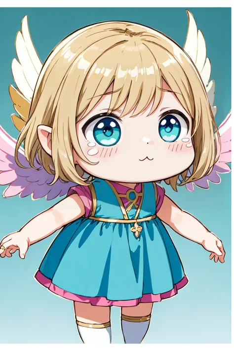 MegaKawaii EarthKawaii an anime girl with feather wings holding a ring, in the style of light turquoise and light gold, simplified and stylized portraits, undefined anatomy, goblin academia, detailed facial features, 2d game art, 15th century